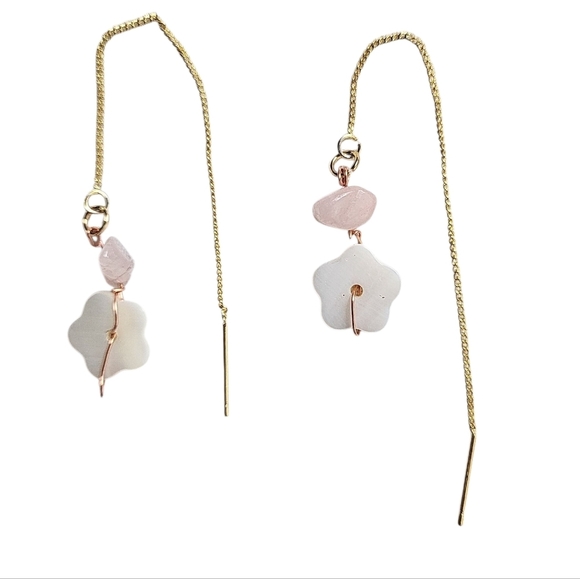 18K Gold Plated Brass Hibisious Threader Earring Pink Floral Earrings - Picture 2 of 2